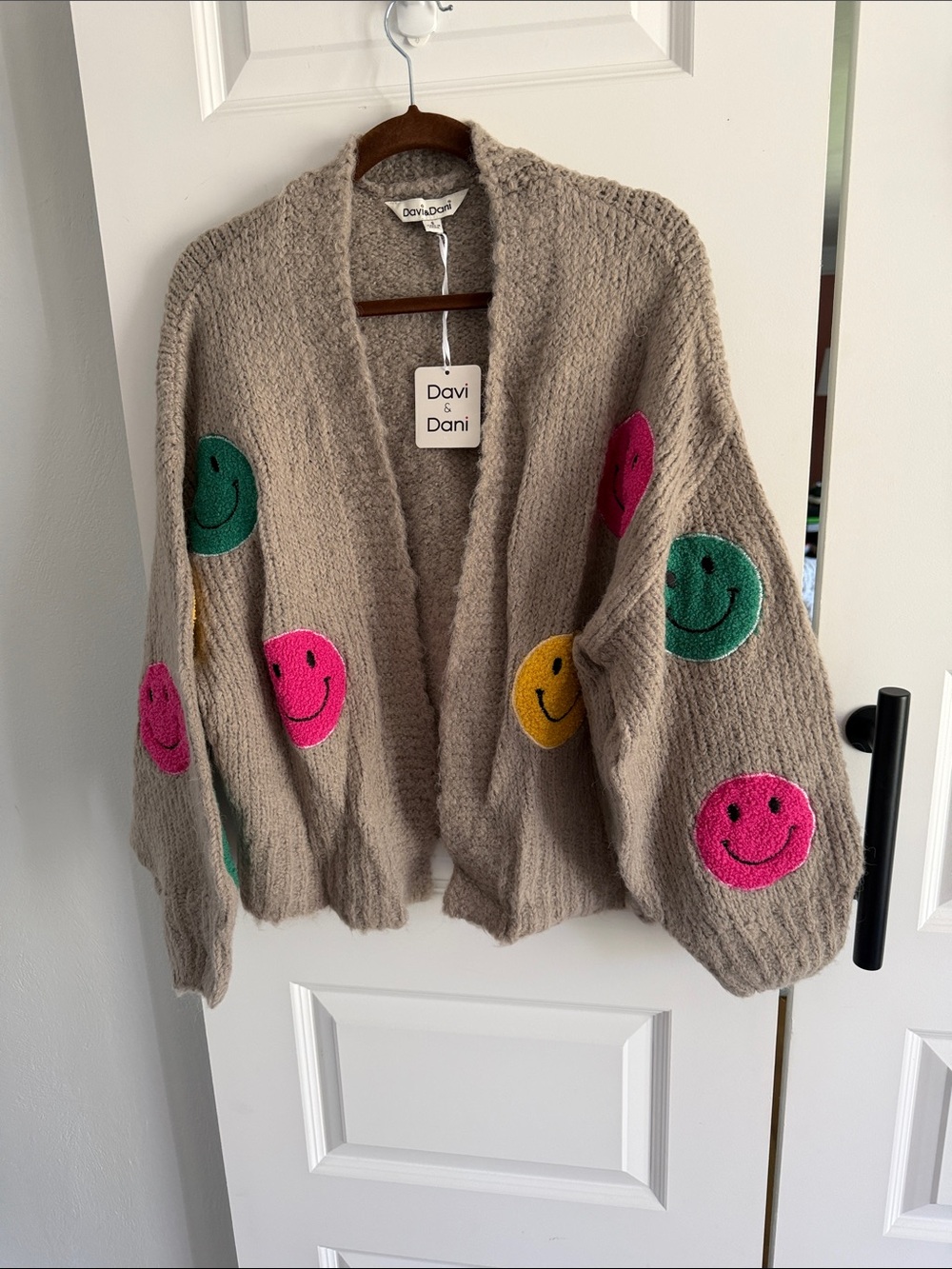 DAVI & DANI Taupe Open-Front Cardigan with Pink, Green & Yellow Smiley Patches - Picture 1 of 7